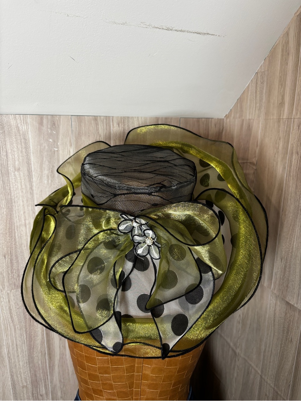 Elegant Olive Green and Black White Polka Dot Organza Derby Wide-Brim Hat - Picture 6 of 12